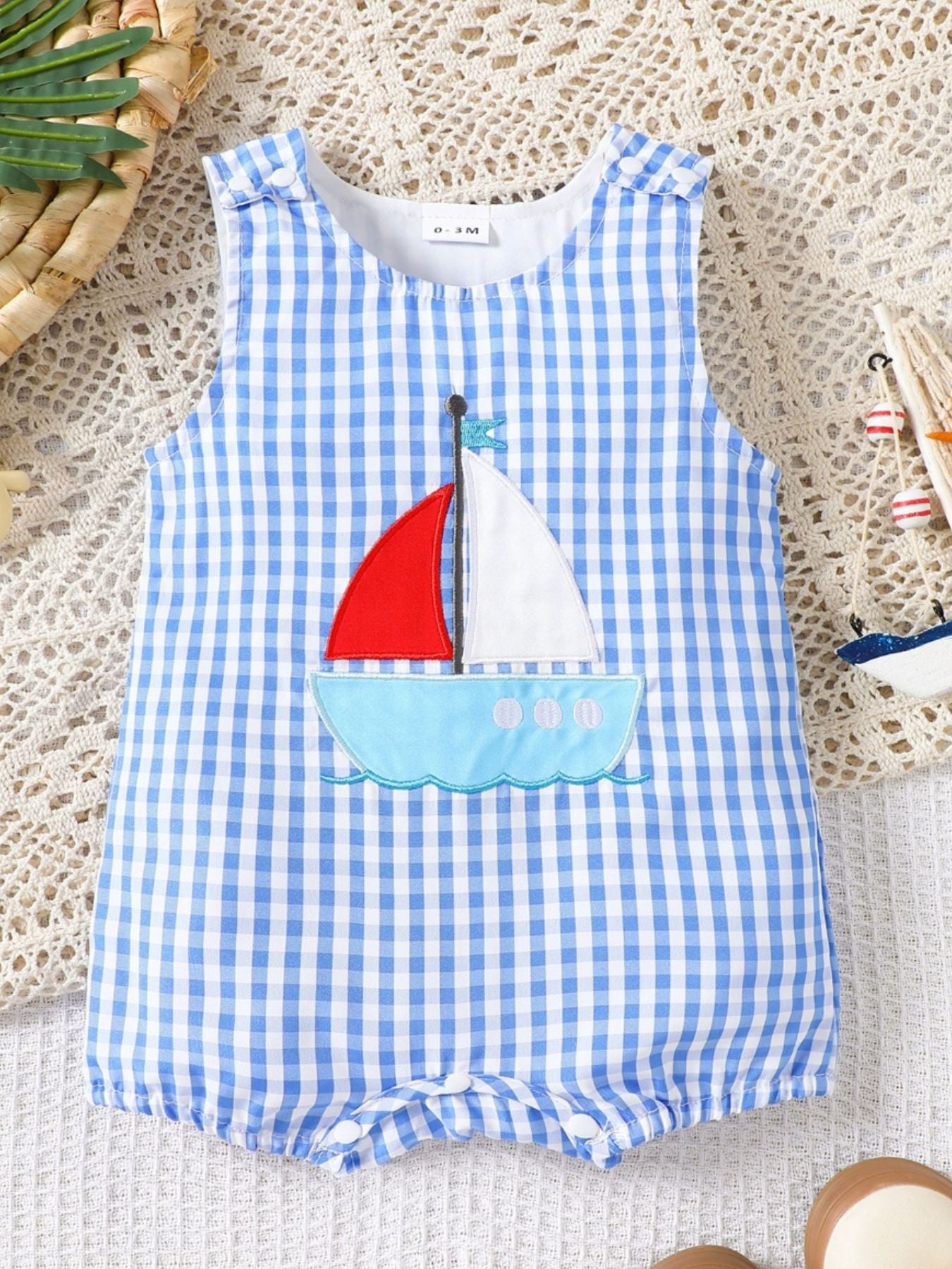 Children's Gingham Sailboat Sleeveless One-Piece Romper