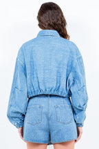 Crop Denim Jacket American Bazi Drawstring Waist Zipper Outwear b53c9865-27e2-4085-9f15-b766dcc7404a-Max Trendsi