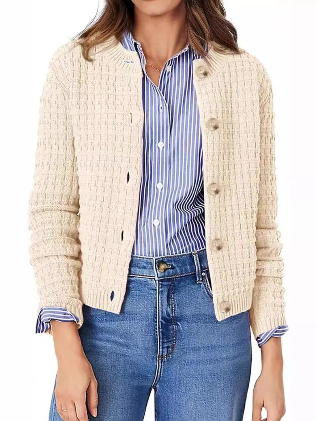 Button Up Cardigan Textured Round Neck Long Sleeve Single Breasted b540b04a-f456-4b9e-888a-4b6c1c67c727-Max Trendsi