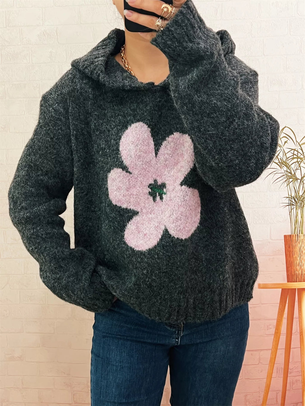 Women's Sweater Flower Long Sleeve Hooded Knit Pullover Dark Gray One Size b54556cda573435fa5bb8b52ddfffe01-Max-Origin Trendsi