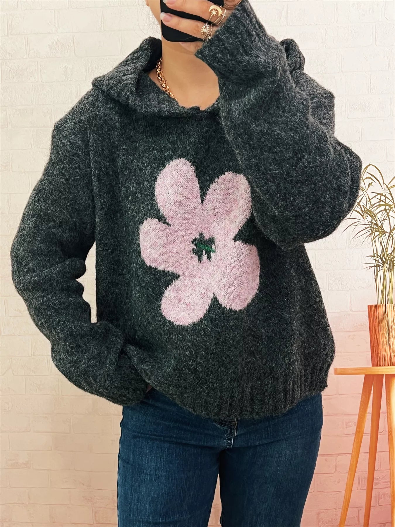 Women's Sweater Flower Long Sleeve Hooded Knit Pullover Dark Gray One Size b54556cda573435fa5bb8b52ddfffe01-Max-Origin Trendsi