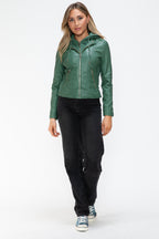 Snobbish Faux Leather Women Jacket Zip Hooded Pocketed Green Basic b546a4be-b2d7-46eb-ba20-746f2dacbeb1-Max Trendsi