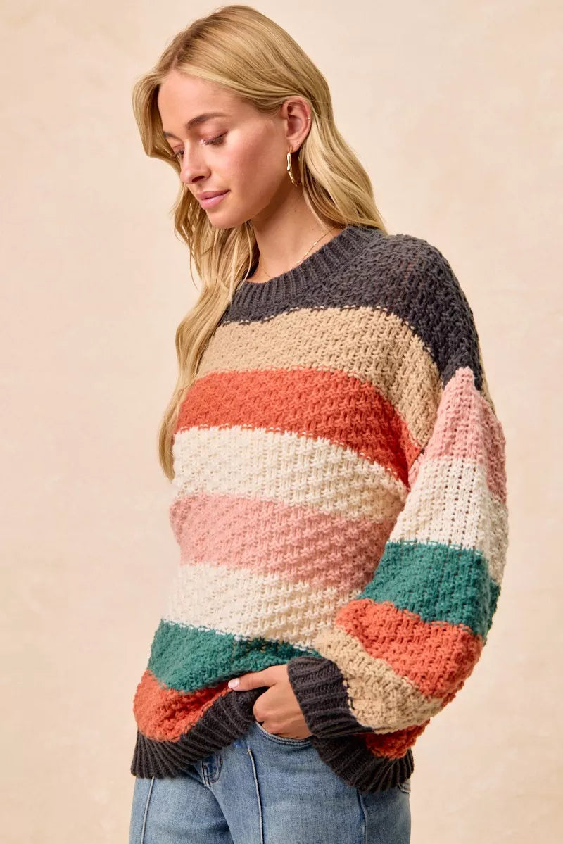 BiBi Womens Sweater Stripes Color Block Chunky Knit Oversized b5546fe5748345ec958cac2945a17795-Max-Origin Trendsi