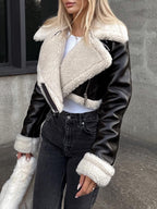Women Faux Leather Cropped Jacket Collared Neck Long Sleeve Plush Lined b5578104-be84-400d-9e44-fd850ca94a0a-Max Trendsi