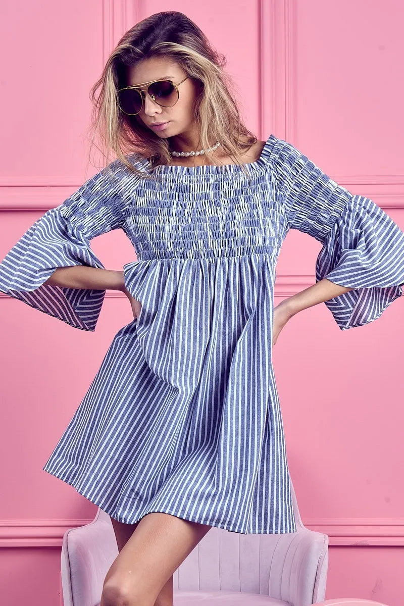 BiBi Short Dress Off Shoulder Denim Blue Striped Smocked Ruffled b55b952e80624ba2af2436baf9f63236-Max-Origin Trendsi