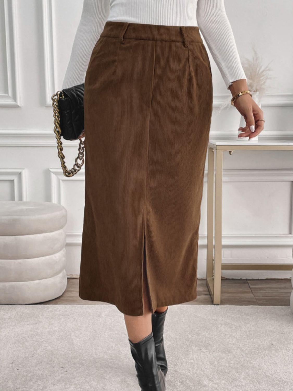 Midi Skirt Brown Perfee Front Slit with Pockets Brown b55fe8f6-7e27-4d82-822b-765582f8545b-Max Trendsi