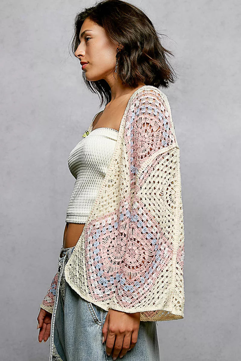 POL Crochet Cardigan Ivory Pink Open Front with Granny Square Pattern b56454b4-c1e6-43d4-bc69-cc5a6cd1ad40-Max-Origin Trendsi