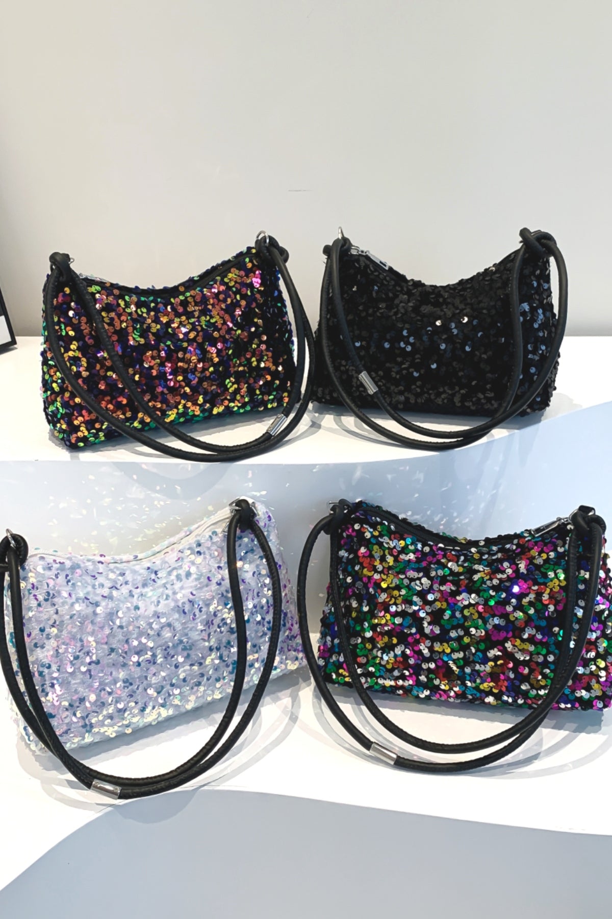 Sequin Shoulder Bag Women Small Double Strap Zipper Purses