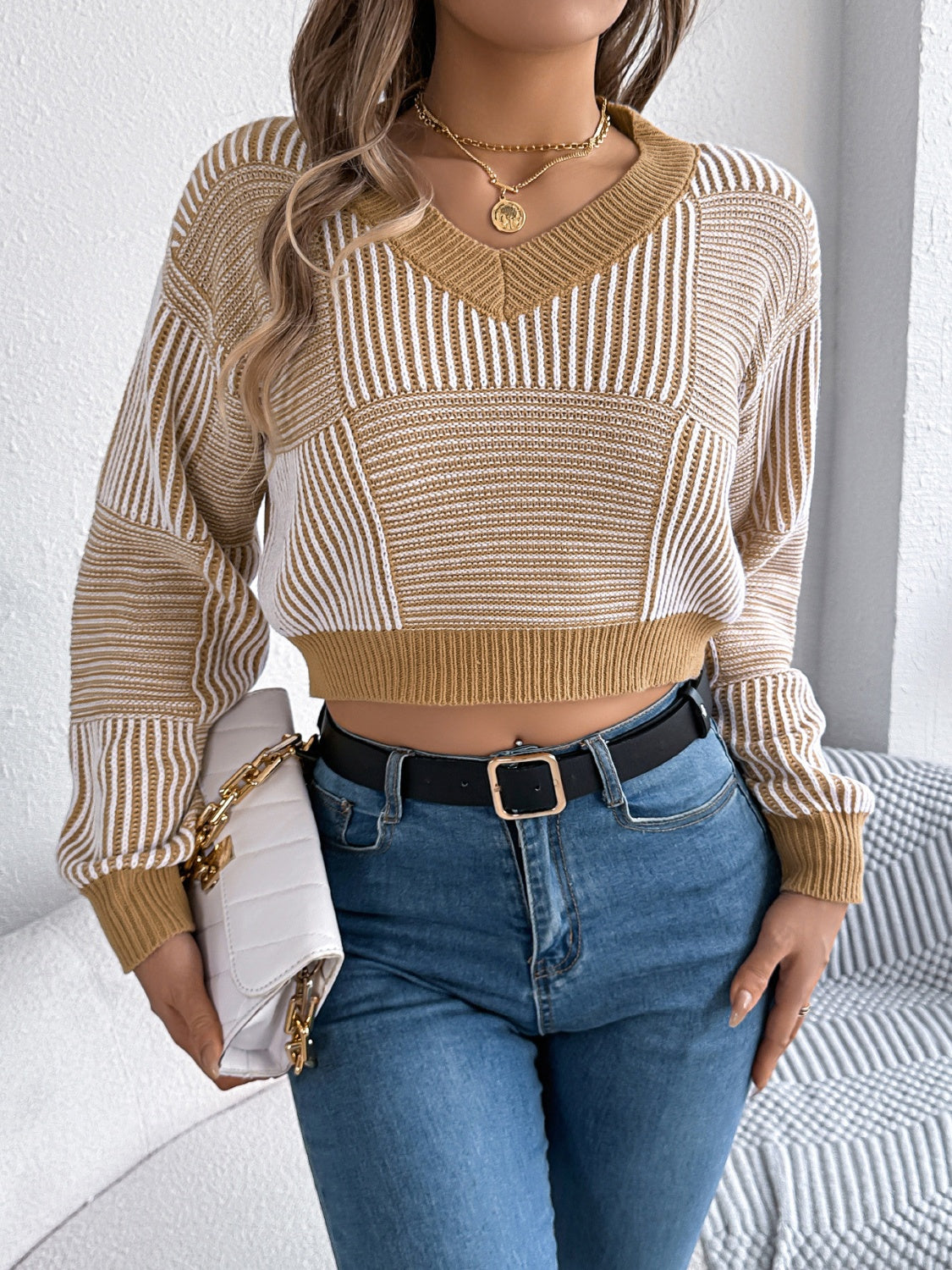 Striped Cropped Women Sweater V-Neck Long Sleeve Soft Knit Pullover