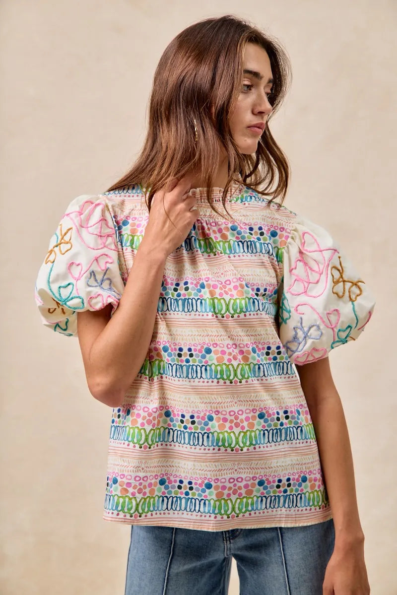 BiBi Blouse Multicolor Ruffle Neckline With Embroidery Bubble Short Sleeve Top b569429c2e2742d39a82162177583c3d-Max-Origin Trendsi