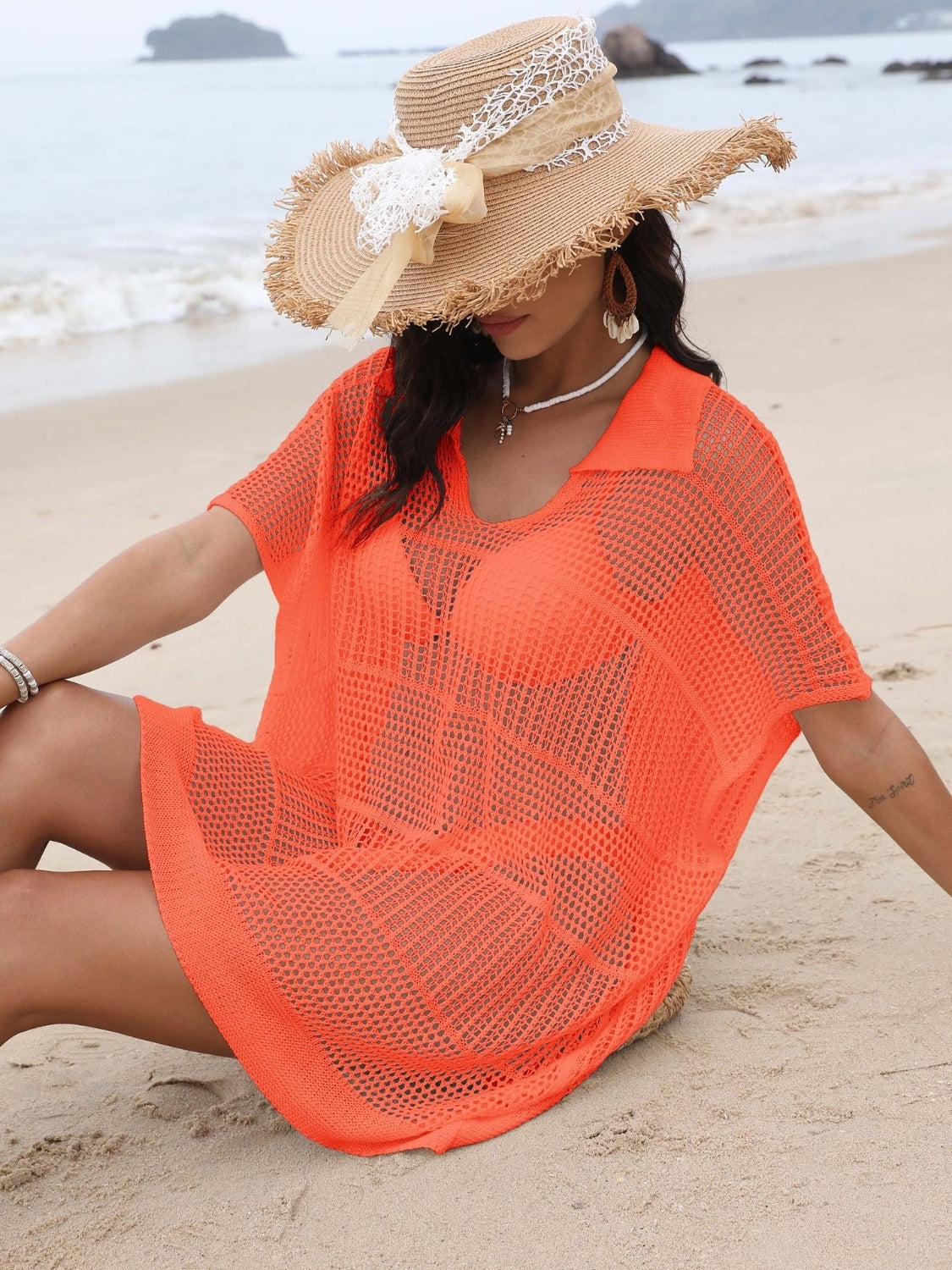 Cover-Up Dress Hollow Out Collared Neck Short Sleeve Sheer Openwork b56fcd1f-5faa-4704-afa6-3428f9e618ba-Max Trendsi