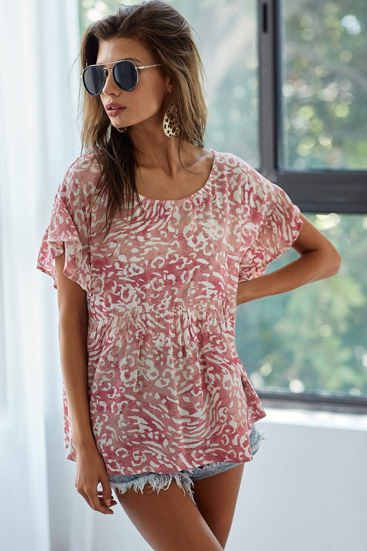 BiBi Blouse Leopard Print Deep Rose Gauze Woven Flutter Short Sleeve Top b5740450-fe6a-469c-bedd-451365ea52f0-Max Trendsi