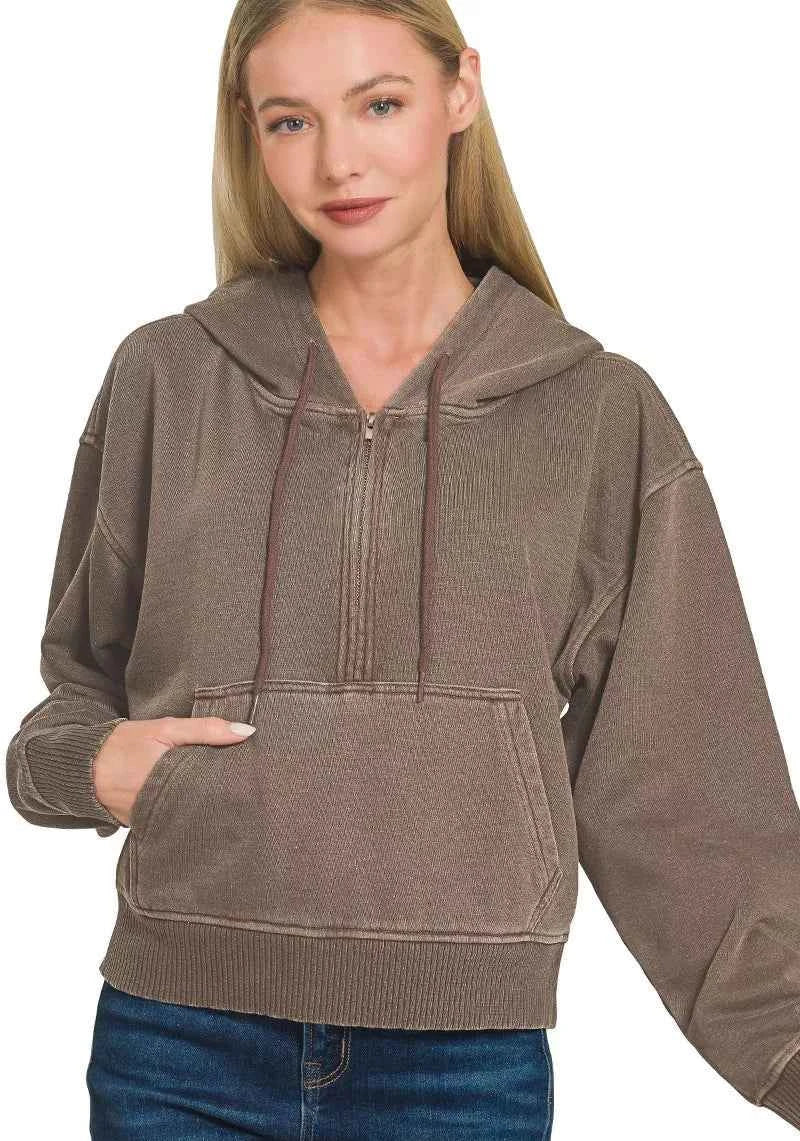Zenana Fleece Hoodie Brown Pigment Dye Half Zip Kangaroo Pocket Top BROWN b579221797a94f859755fc7ffe8465f6-Max-Origin Trendsi