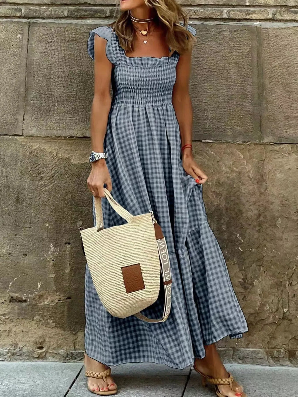 Maxi Dress Plaid Gingham Smocked High Waist with Ruffle Straps Square Neck Black b57a302697d04e8cb811a70e02072d5e-Max-Origin Trendsi