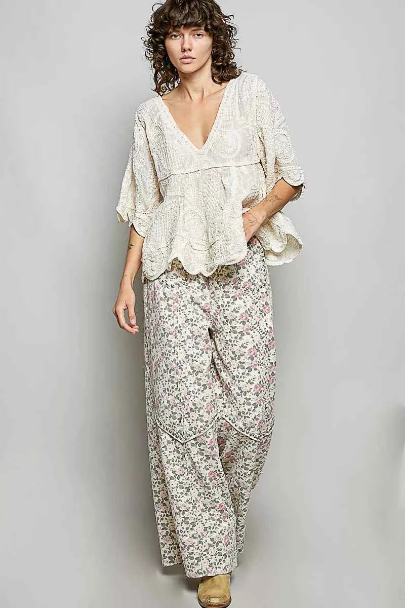 POL V-Neck Crochet Blouse with Scalloped Hem