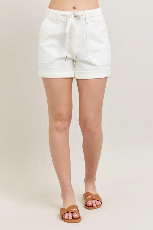 Judy Blue White Denim Shorts High Waist Cuff Pocketed WHT b586b031aa6043f1ba00364402c95c75-Max-Origin Trendsi