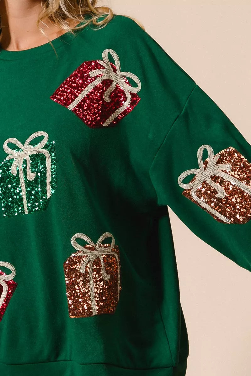 BiBi Pullover Sequin Christmas Gift Box Embroideries Green Womens Sweater b593d4ee11ae44bf8223a92762291379-Max-Origin Trendsi