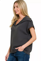Zenana Womens Blouse Black Scuba Half Zip Top Short Sleeve b59d40e4-55fb-4320-b14a-54be0e5531a6-Max-Origin Trendsi