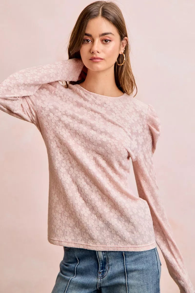 BiBi Women Blouse Textured Flower Knit Blush Pink Puff Shoulder Top Long Sleeve b5a7a338fa20461fa9aac71da9bc4b0d-Max-Origin Trendsi