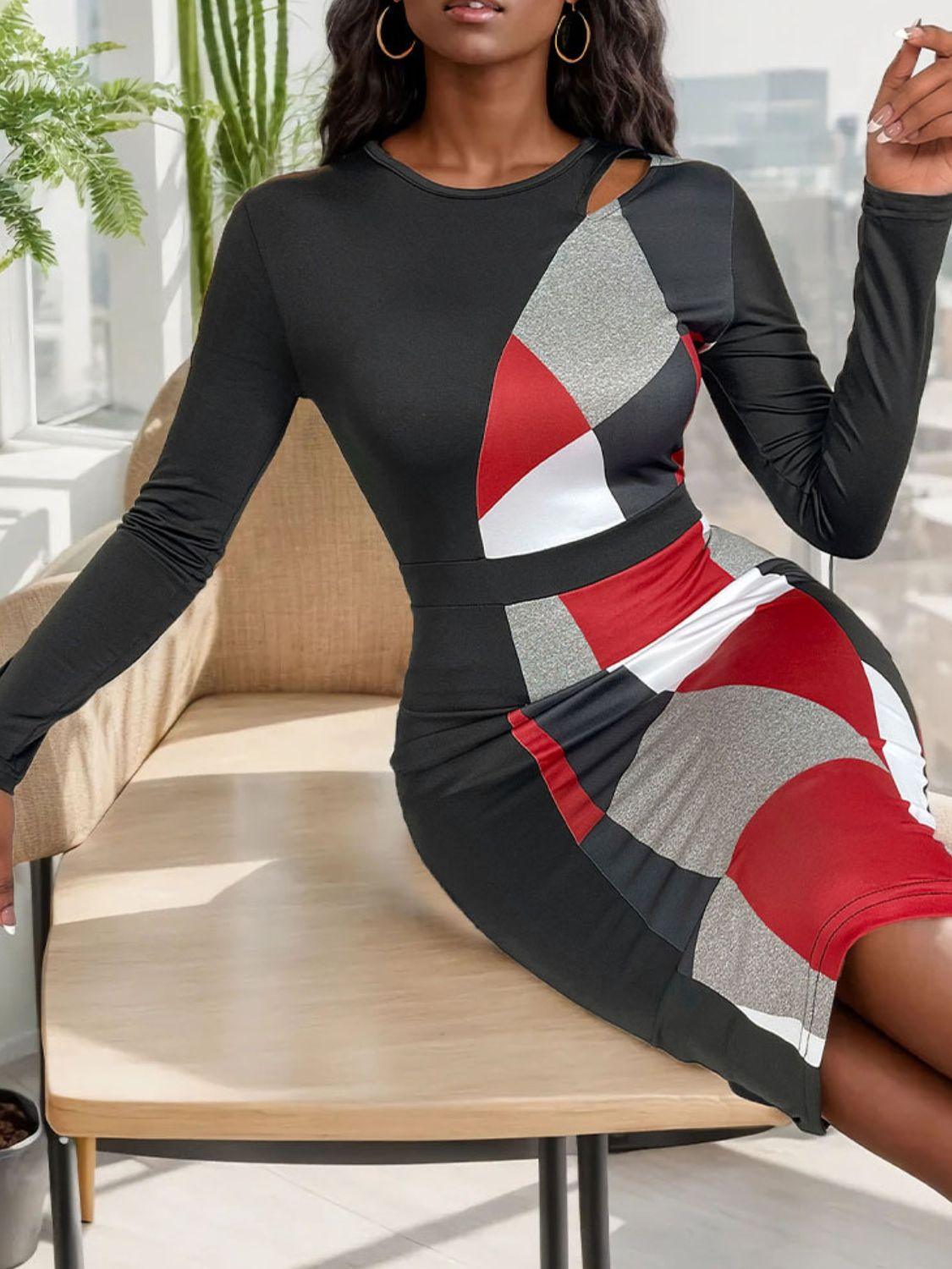 Cutout Dress Color Block Round Neck Long Sleeve Slim Dresses b5c4143f-7155-453e-bc02-8cfbb9e2937a-Max Trendsi