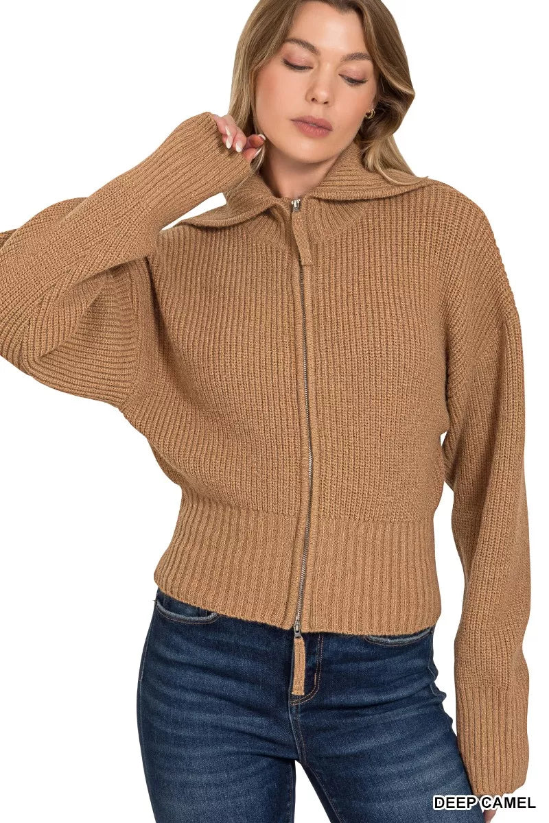 Zenana Womens Cadrigan Camel Ribbed Collared Zip Up Sweater b5caef88215047da9fe28fcd112c9ac1-Max-Origin Trendsi
