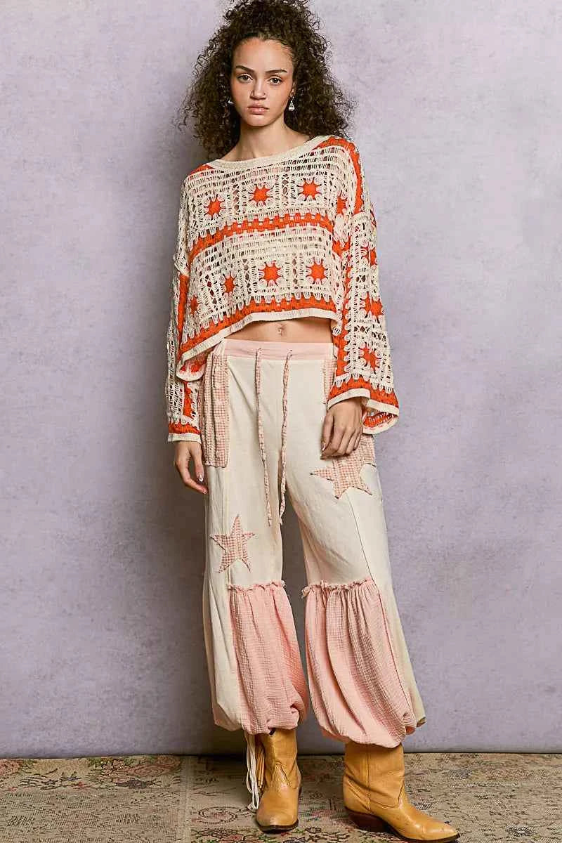 POL Crochet Top Ivory Orange Long Sleeve with Granny Square Weaving b5d35164-24bc-4bd0-aa67-b78728c0a2ba-Max-Origin Trendsi