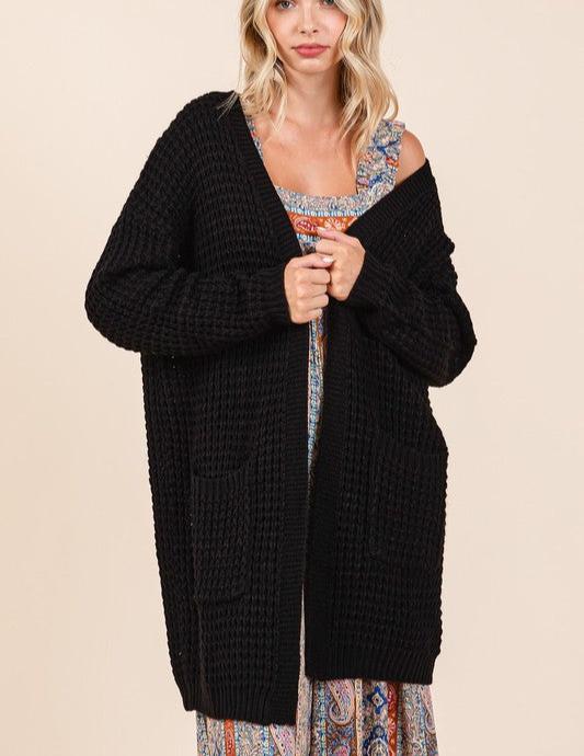 Mittoshop Black Cardigan Waffle-Knit Open Long Sleeve Longline Pocketed Black b5d48120-a7d1-46aa-91bf-3587fc71839e-Max Trendsi