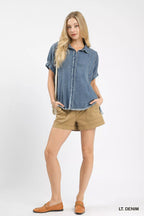 Umgee Womens Blouse Washed Light Blue Denim Oversized Top b5d94495-df8e-4ef0-9b37-23584272d55e-Max-Origin Trendsi