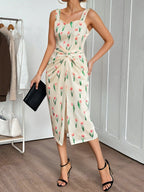Tulip Print Dress with Twist Front and Side Slit Cami Style