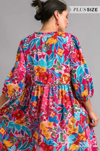 Umgee Midi Dress Floral Mulberry Mix Print Tie Neck with Pockets 3/4 Sleeve b5eb4a8e-c22f-4ea4-b71d-58a9d549ac82-Max-Origin Trendsi