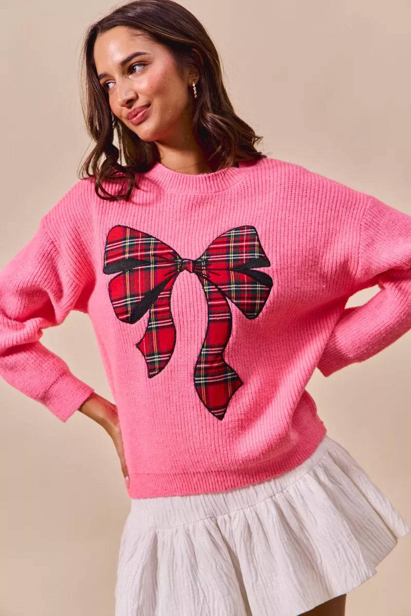 SO ME Womens Christmas Holiday Sweater Pink with Checker Plaid Ribbon b5edba753cbc4370a42be56041531a1a-Max-Origin Trendsi