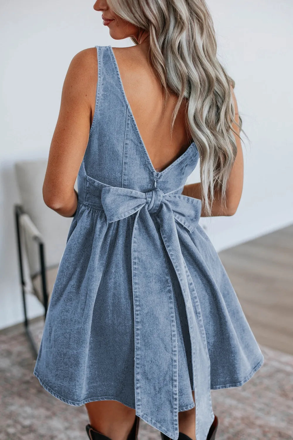 Denim Skater Dress V-Back Bow Tied Halter Empire Waist Light Blue b5fd43c3-243a-4886-a3a4-ac44e52b7cf3-Max-Origin Trendsi