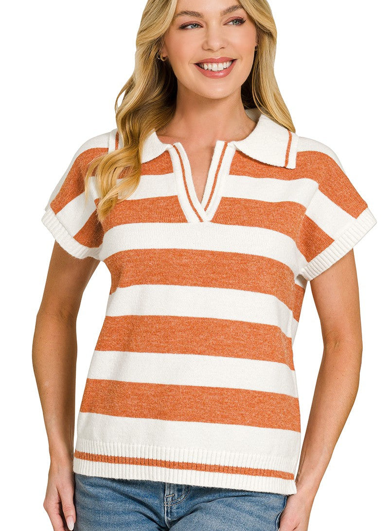 Zenana Striped Short-Sleeve Sweater with Polo Collar