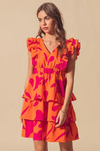 SO ME Floral Dress V Neck Layered with Elasticized Waist Short Cap Sleeve b5fe9f243d6642a68b498e1b801ff50c-Max-Origin Trendsi