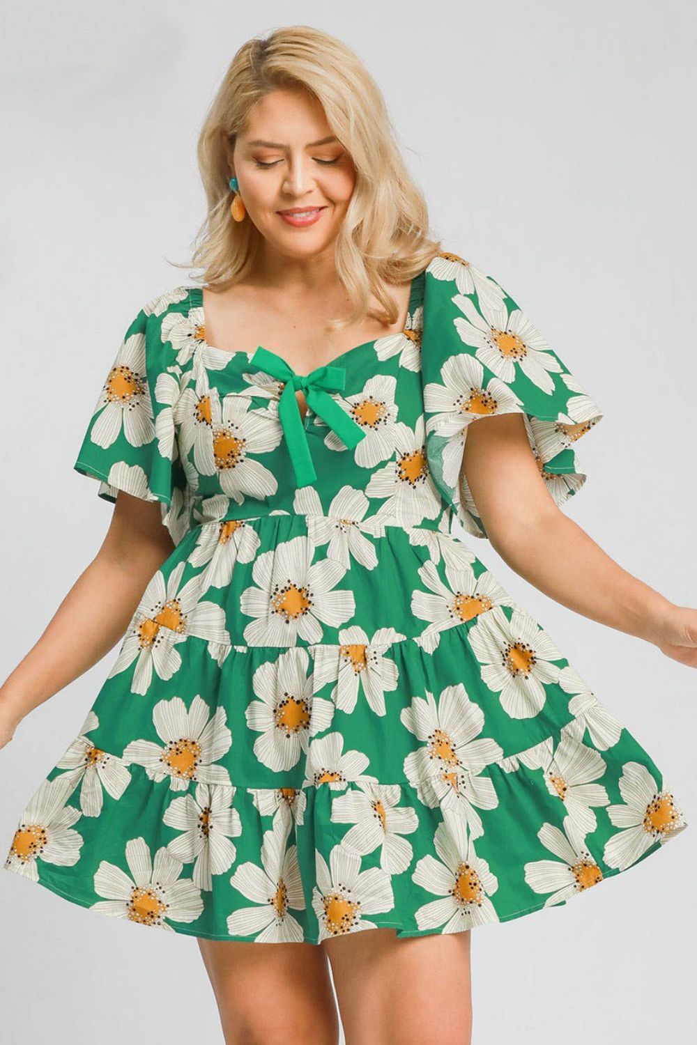 Umgee Mini Dress Daisy Green Print with Ribbon Details Ruffle Short Sleeve b5ff8c1c-ba72-48b9-a984-3aa46fe0d8b3-Max Trendsi