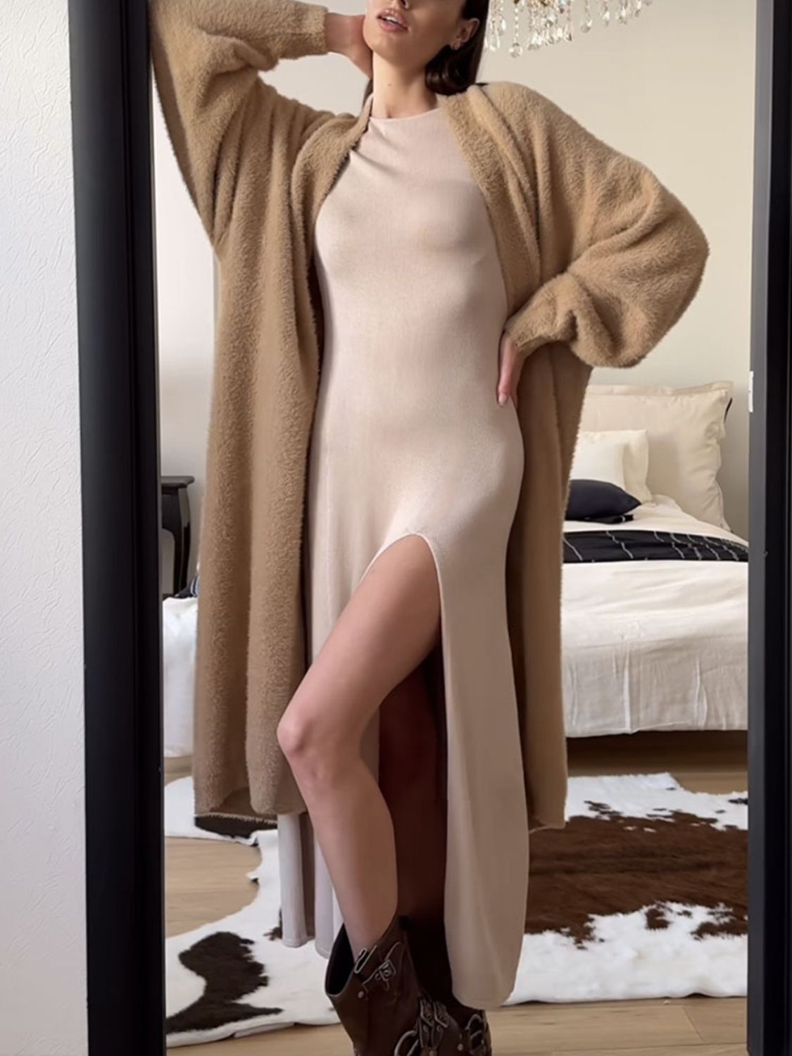 Women Cardigan Longline Open Front Fuzzy Knit Brushed Soft Acrylic Solid Tan One Size b6009362-59cd-4b54-8458-4105151b7807-Max Trendsi