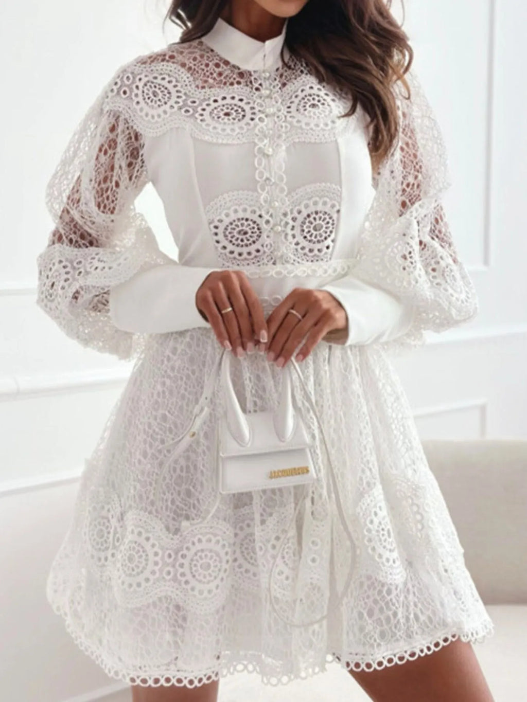 Mini Dress Floral Lace Lantern Long Sleeve Pearl Button High Neck Ruffled b603800a-136d-4f25-92d3-4dddfc8a7cd3-Max-Origin Trendsi