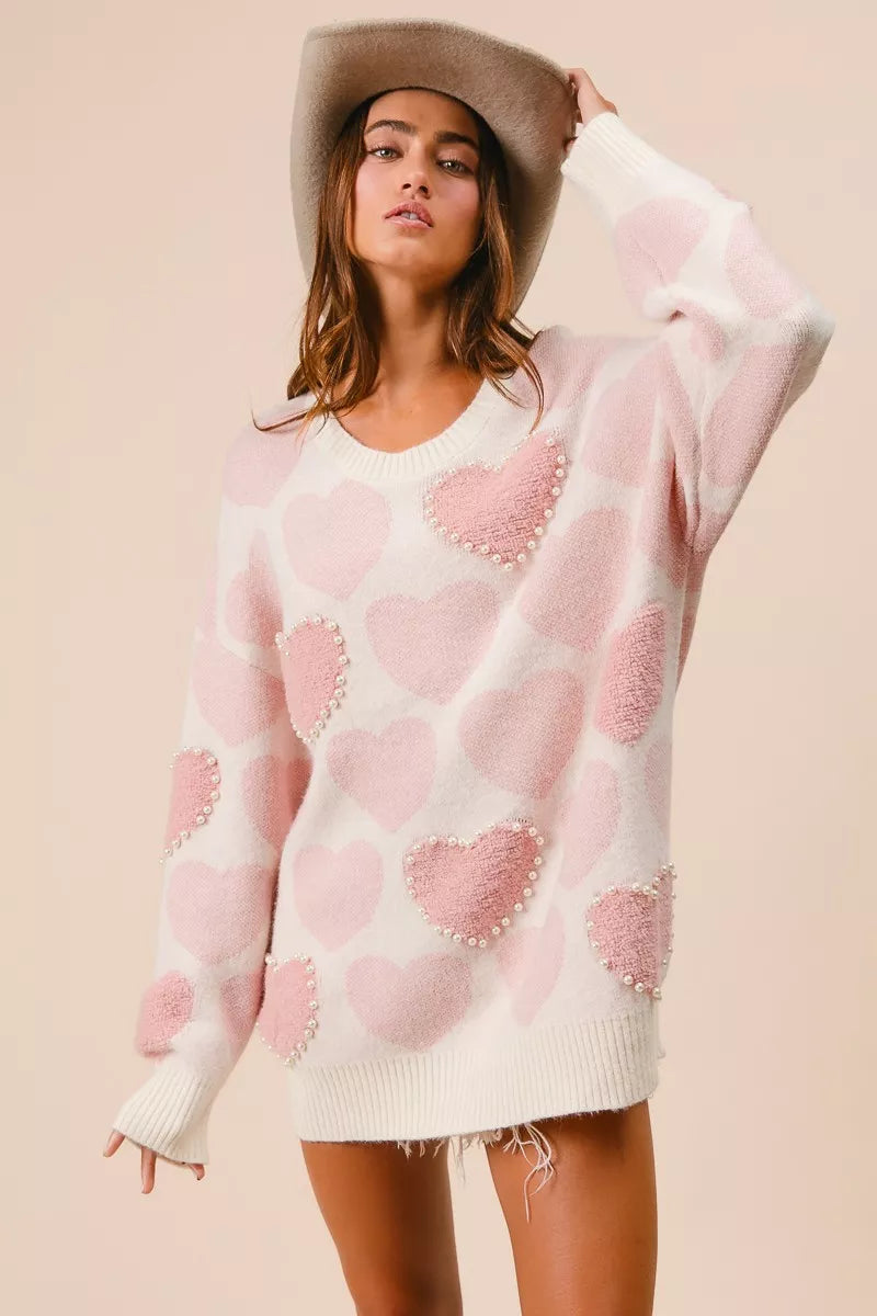BiBi Womens Sweater Light Pink Heart Pattern with Pearl Detail b604f881af674ee18d258b86b2021781-Max-Origin Trendsi