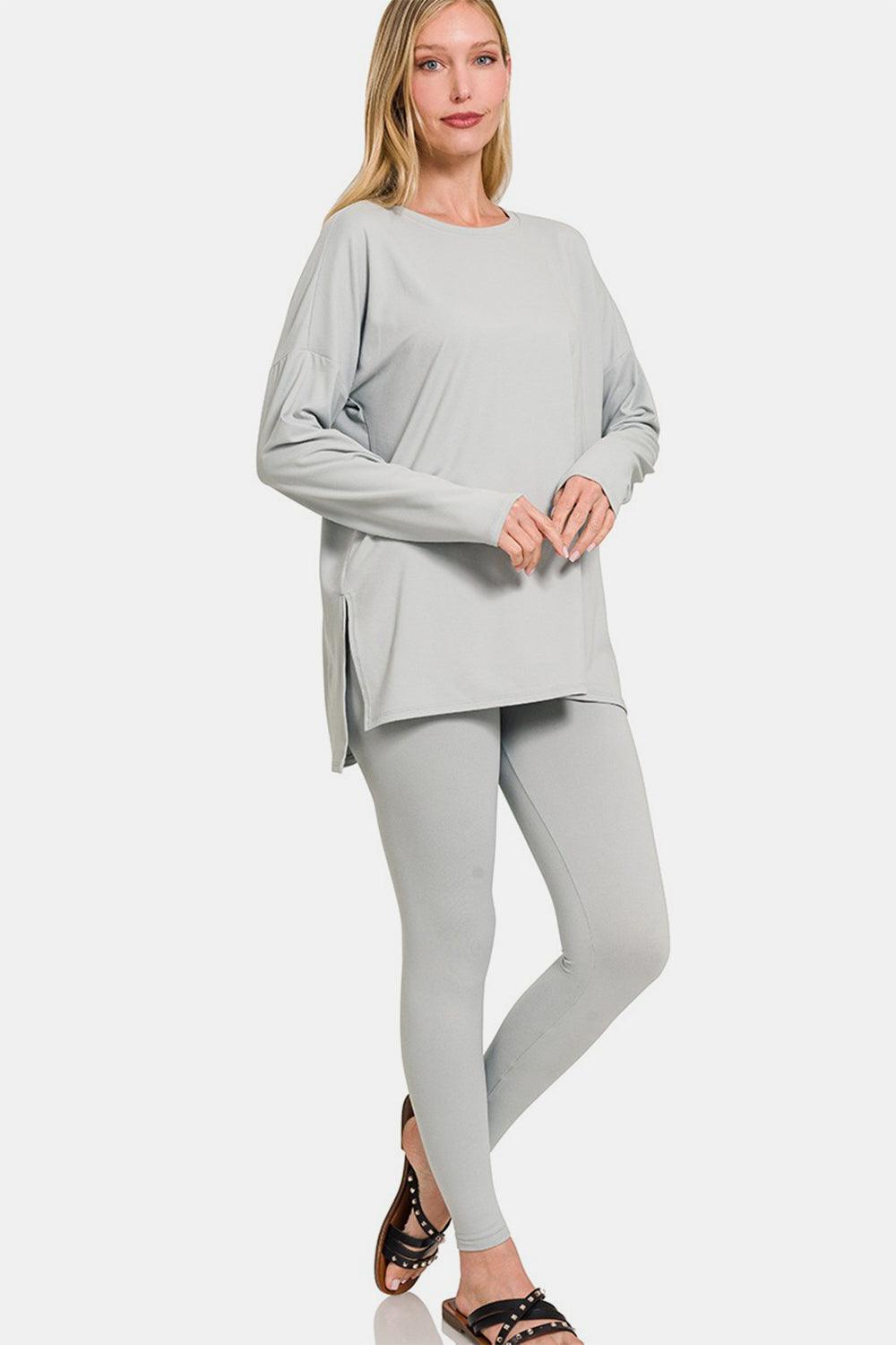 Zenana Outfit Set Brushed Microfiber Top and Leggings Lounge Women's Active Set Lt Grey b6075dfb-6cb2-4974-89cd-849c24be40b2-Max Trendsi