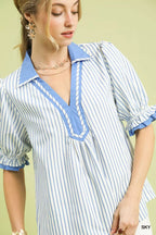 Umgee Womens Blouse Sky Blue Seersucker Stripe Ruffle Short Sleeve Top b60780d2-ea75-4dbe-93b7-f44a17b8c010-Max-Origin Trendsi