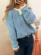 Women's Sweater Striped Button Detail Long Sleeve Pullover b60c22cf79014d87ad37f2fad938c30a-Max-Origin Trendsi