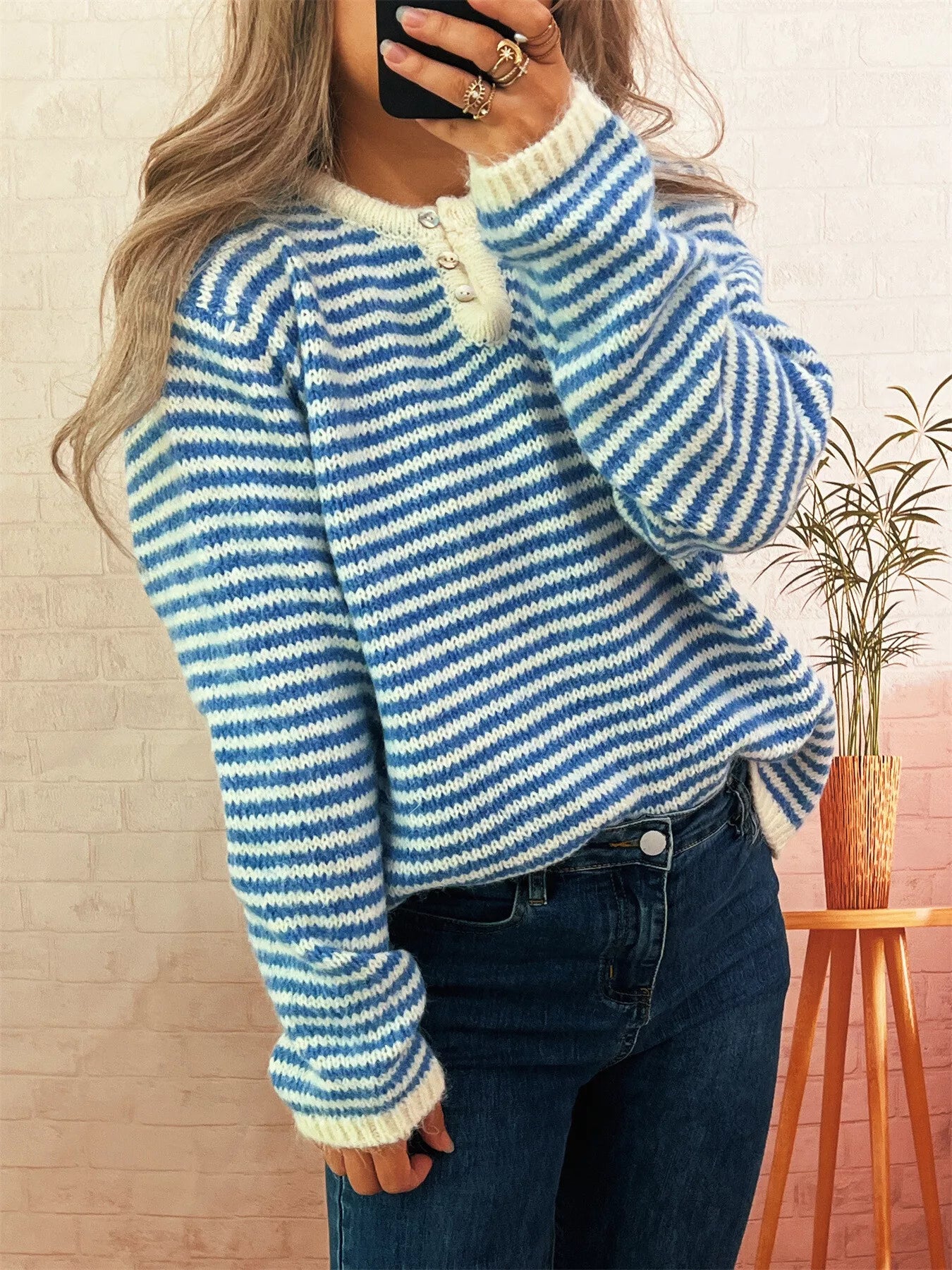 Women's Sweater Striped Button Detail Long Sleeve Pullover b60c22cf79014d87ad37f2fad938c30a-Max-Origin Trendsi