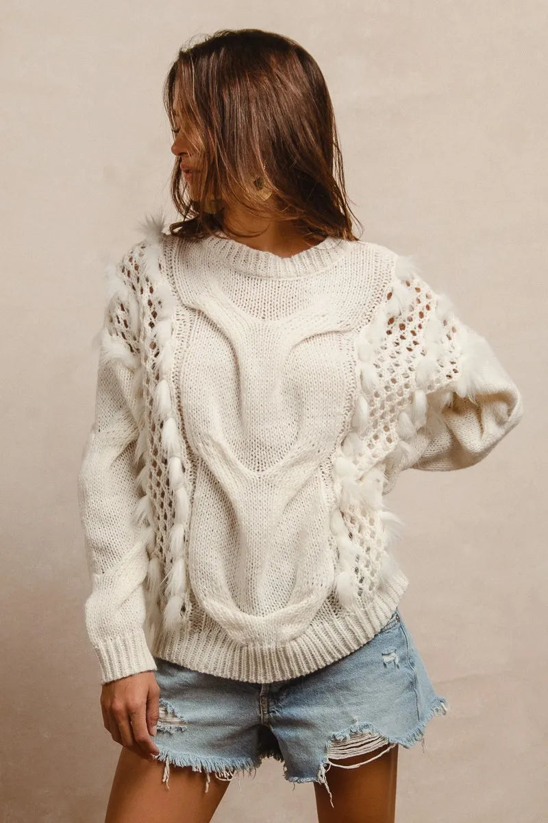 BiBi Sweater Ivory Faux Fur Detailed Pointelle Cable Knit Top b60ecf89dde0414daa946c2cc34de8e4-Max-Origin Trendsi