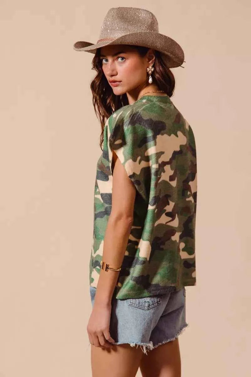 SO ME Camouflage Print T-shirt Dolman Soft Sweater Short Sleeve Top b61c009f78ae4843bd5d08af79f5569e-Max-Origin Trendsi