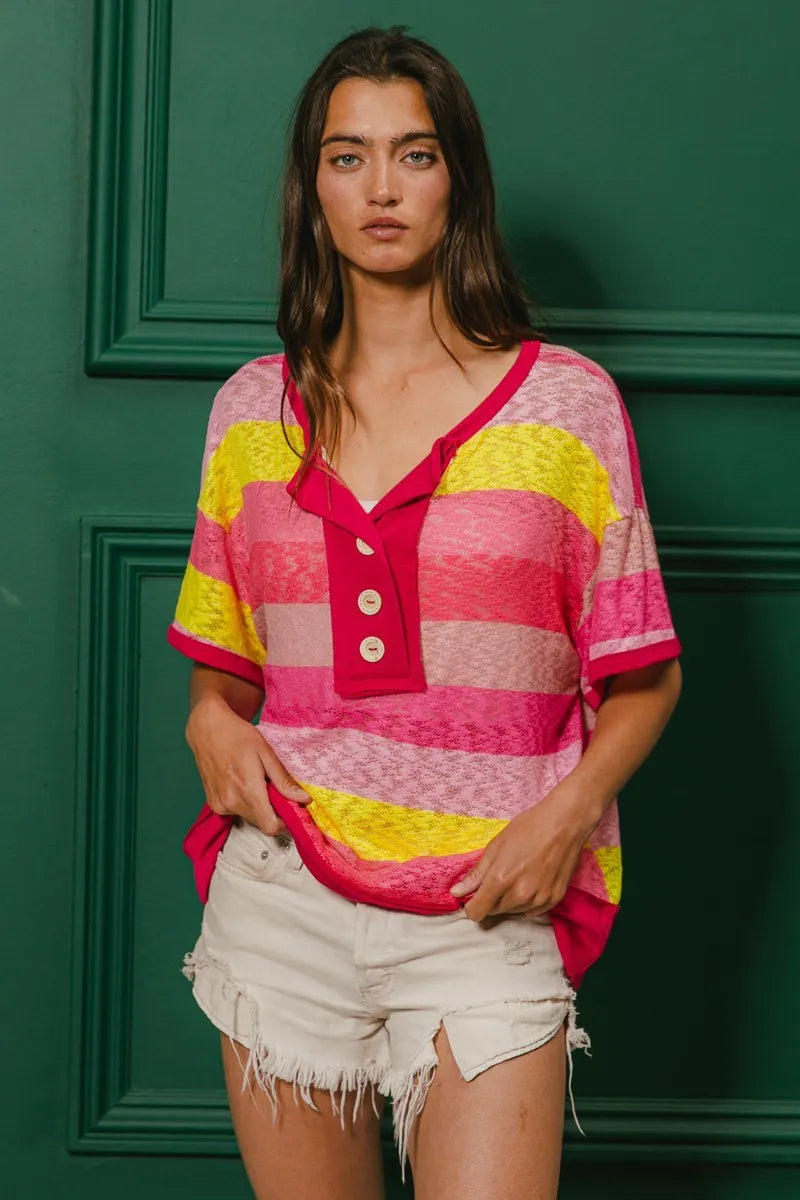 BiBi Multi Color Stripe Top Hacci Button Detail Ringer Short Sleeve T-shirt b61d297c314e432db724474ab24f549a-Max-Origin Trendsi