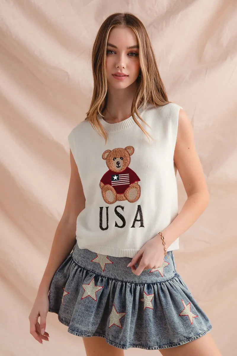 SO ME Sweater Vest Teddy Bear Wearing An American Flag With Usa Embroidered b61eb1055564470cb4bbeac8afef534e-Max-Origin Trendsi