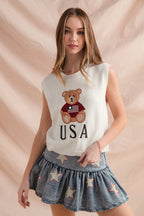 SO ME Sweater Vest Teddy Bear Wearing An American Flag With Usa Embroidered b61eb1055564470cb4bbeac8afef534e-Max-Origin Trendsi