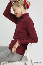 Umgee Women's Sweater Burgundy Ribbed Round Neck with Ruffle Contrast Trim b624cf19-859c-4a50-995f-24ea1d0487cb-Max-Origin Trendsi