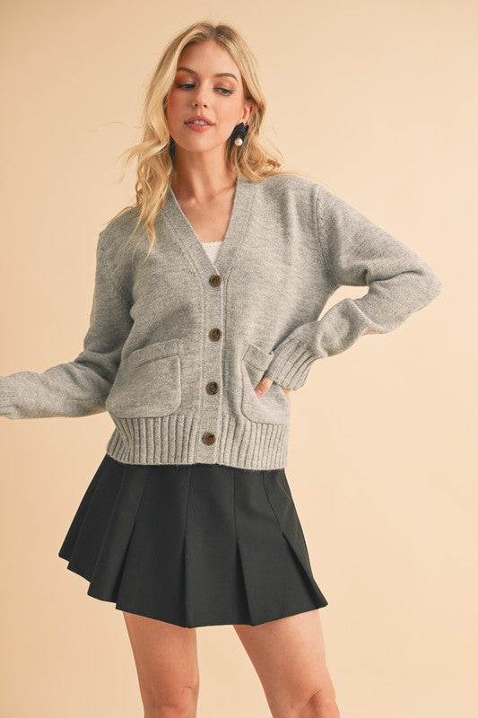 Aemi + Co Cardigan Gray Knit Ribbed Hem V-Neck Long Sleeve Pocketed Gray b62cda90-5981-46f6-a97e-72581cd6d13a-Max Trendsi
