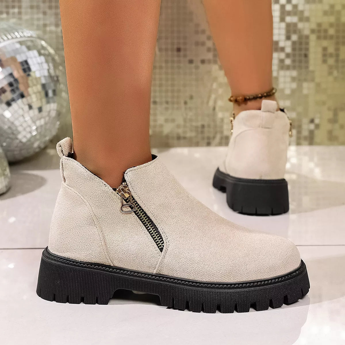 Women's Ankle Boots Faux Suede Round Toe Side Zip Mid Heels Shoes b634cf476b084c80b204ffba70d03ab2-Max-Origin Trendsi